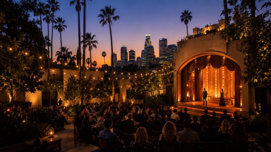 Open air stage with the downtown Los Angeles skyline behind it